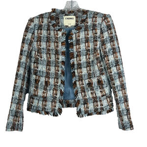 L'AGENCE Women's Size 2 Angelina Fringed Blue And Orange Plaid Tweed Blazer